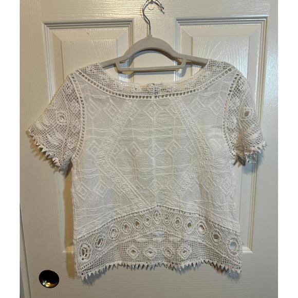 Ultra Pink Boho White Crochet Lace Short Sleeve Blouse M - Picture 7 of 7